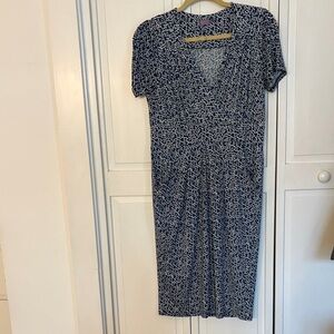 Printed Navy V-Neck Midi Dress